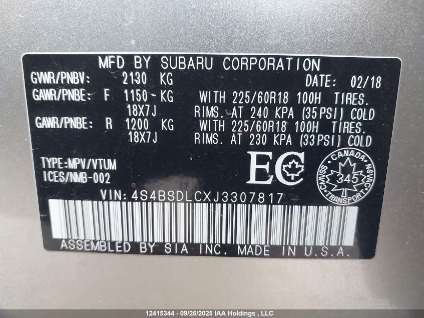 2018 Subaru Outback 2.5I Limited VIN: 4S4BSDLCXJ3307817 Lot: 12415344