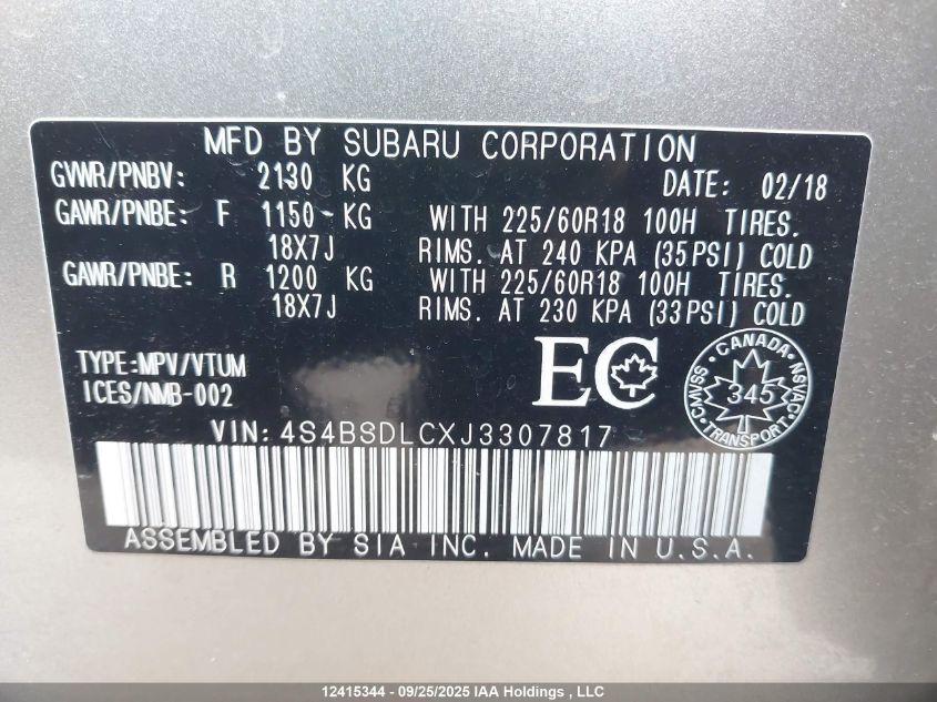 2018 Subaru Outback 2.5I Limited VIN: 4S4BSDLCXJ3307817 Lot: 12415344