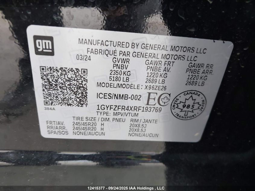 2024 Cadillac Xt4 VIN: 1GYFZFR4XRF193769 Lot: 12415377