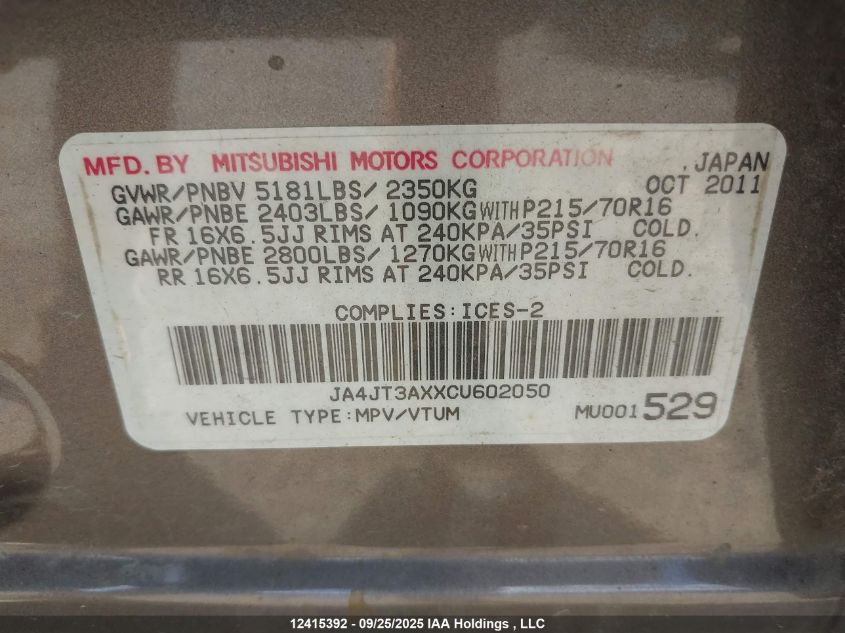2012 Mitsubishi Outlander VIN: JA4JT3AXXCU602050 Lot: 12415392