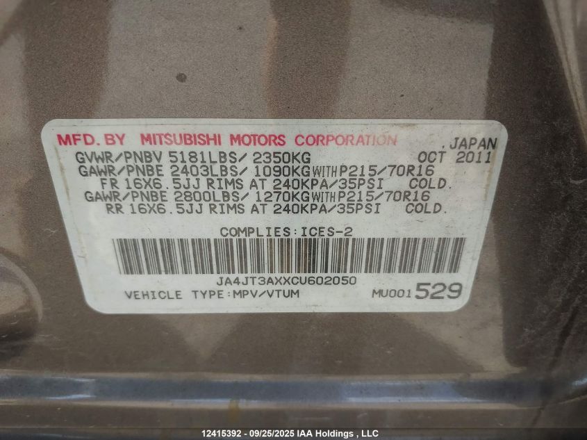 2012 Mitsubishi Outlander VIN: JA4JT3AXXCU602050 Lot: 12415392