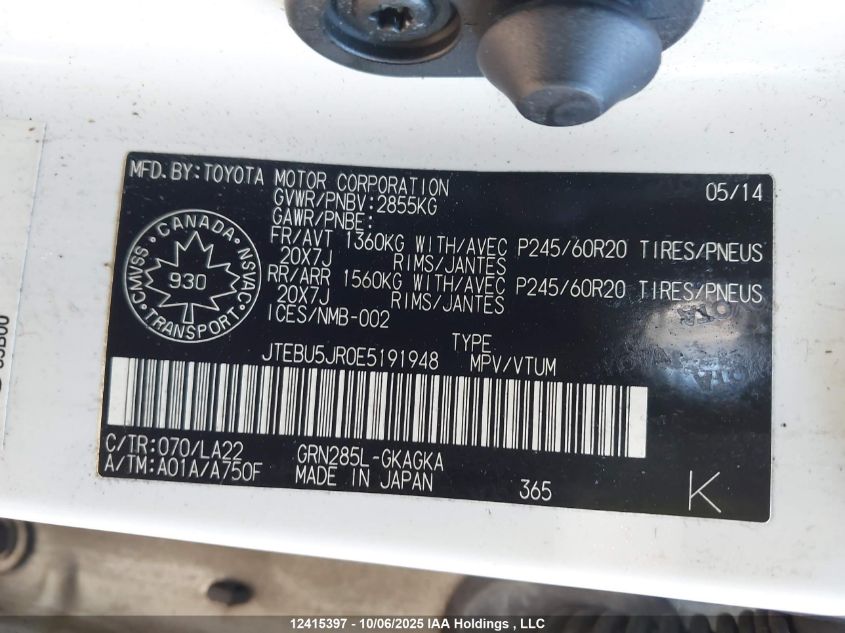 2014 Toyota 4Runner Sr5 V6 VIN: JTEBU5JR0E5191948 Lot: 12415397