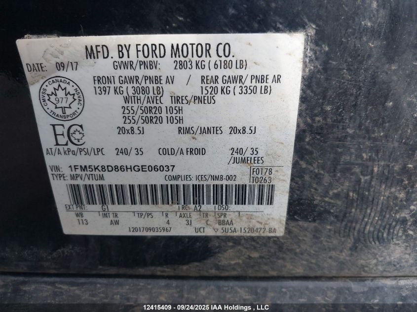 2017 Ford Explorer Xlt VIN: 1FM5K8D86HGE06037 Lot: 12415409