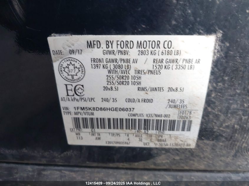 2017 Ford Explorer Xlt VIN: 1FM5K8D86HGE06037 Lot: 12415409