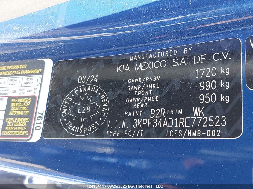 2024 Kia Forte Ex/Ex Premium/Ex+ VIN: 3KPF34AD1RE772523 Lot: 12415411
