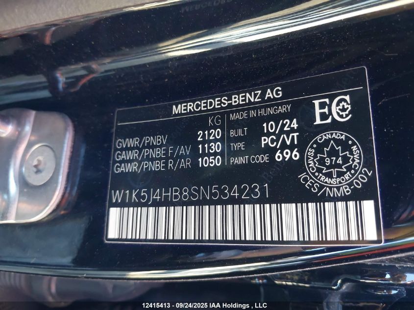 2025 Mercedes-Benz Cla 250 4Matic VIN: W1K5J4HB8SN534231 Lot: 12415413