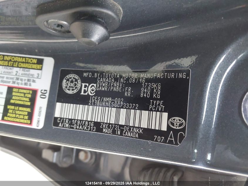 2016 Toyota Corolla L/Le/Le Pls/Prm/S/S Pls VIN: 2T1BURHE5GC733372 Lot: 12415418