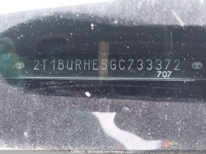2016 Toyota Corolla L/Le/Le Pls/Prm/S/S Pls VIN: 2T1BURHE5GC733372 Lot: 12415418