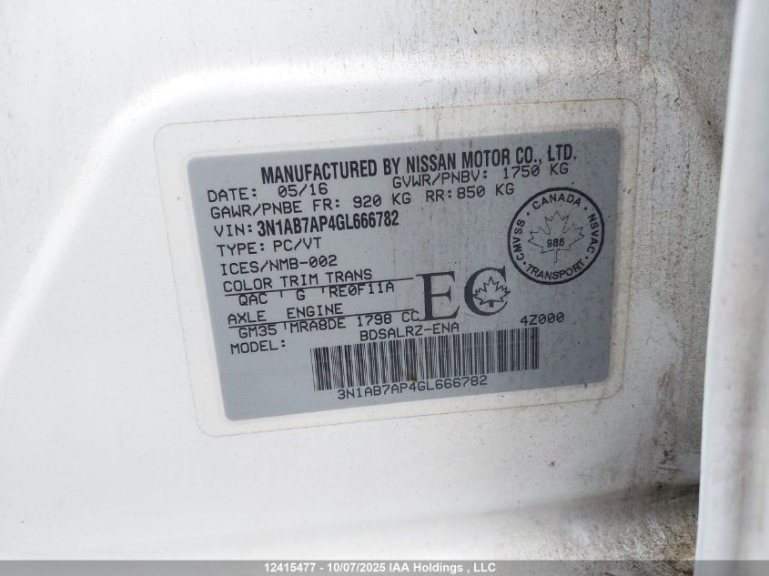 2016 Nissan Sentra 1.8 S/1.8 Sl/1.8 Sr/1.8 Sv VIN: 3N1AB7AP4GL666782 Lot: 12415477