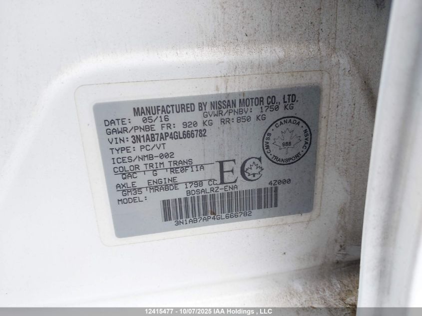 2016 Nissan Sentra 1.8 S/1.8 Sl/1.8 Sr/1.8 Sv VIN: 3N1AB7AP4GL666782 Lot: 12415477