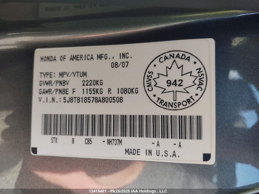 2008 Acura Rdx Technology VIN: 5J8TB18578A800508 Lot: 12415481