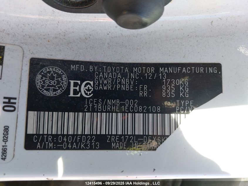 2014 Toyota Corolla S VIN: 2T1BURHE1EC082108 Lot: 12415496