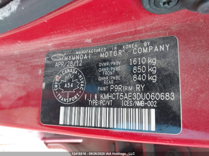 2013 Hyundai Accent Gl VIN: KMHCT5AE3DU060683 Lot: 12415516