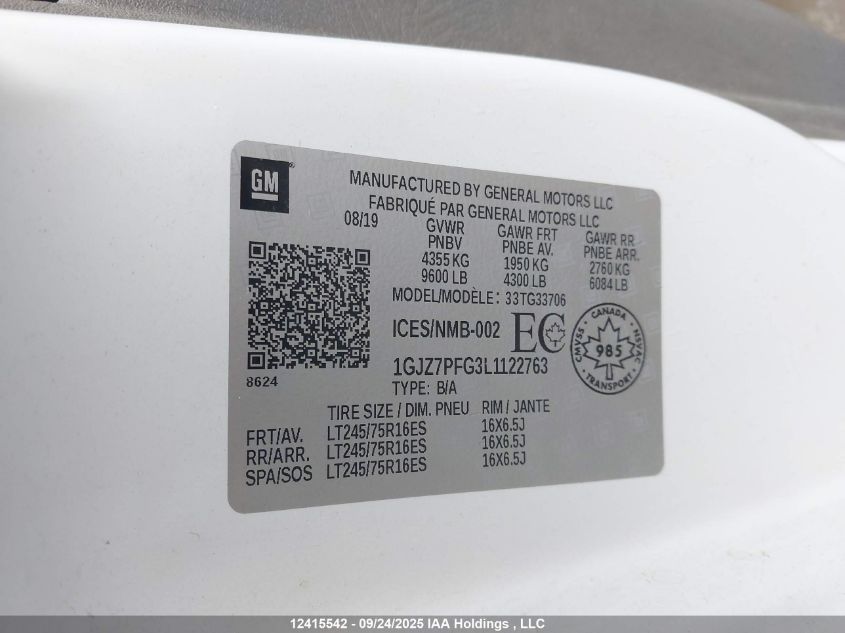 2020 GMC Savana G3500 Lt VIN: 1GJZ7PFG3L1122763 Lot: 12415542