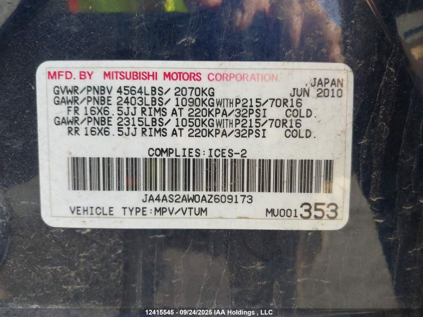 2010 Mitsubishi Outlander VIN: JA4AS2AW0AZ609173 Lot: 12415545