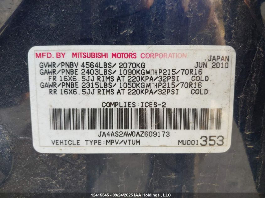 2010 Mitsubishi Outlander VIN: JA4AS2AW0AZ609173 Lot: 12415545