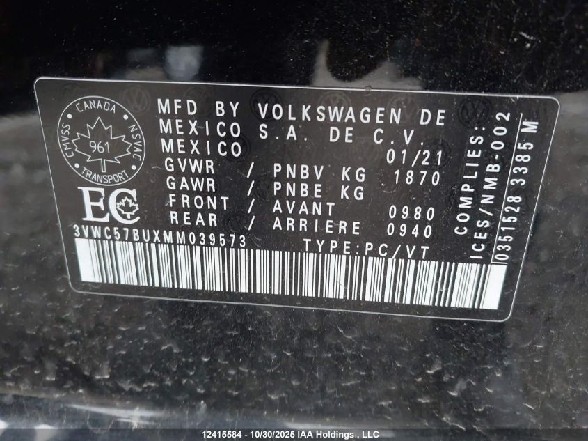 2021 Volkswagen Jetta Comfortline VIN: 3VWC57BUXMM039573 Lot: 12415584