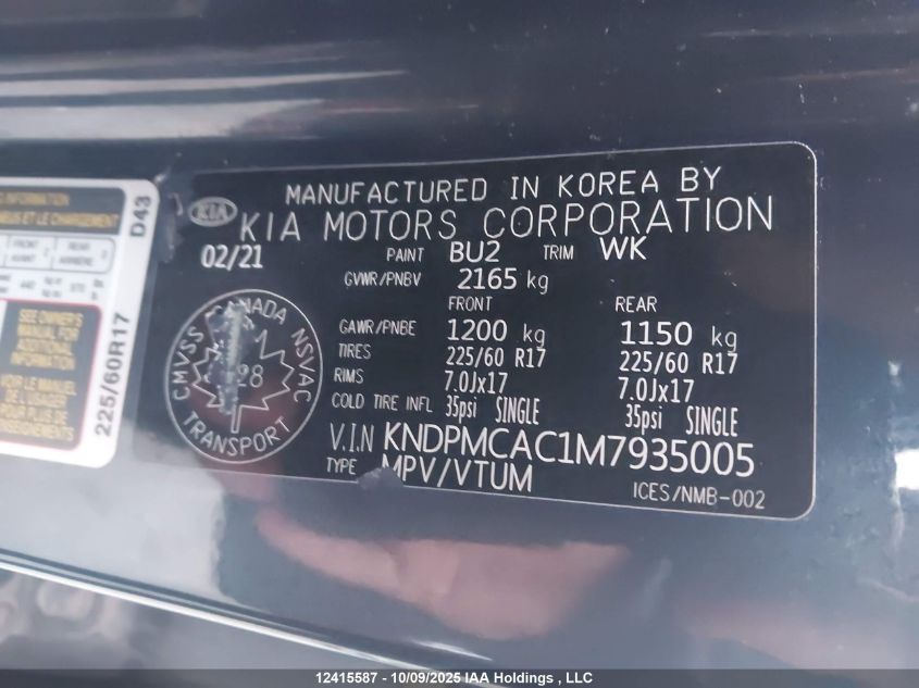 2021 Kia Sportage Lx/Lx S VIN: KNDPMCAC1M7935005 Lot: 12415587
