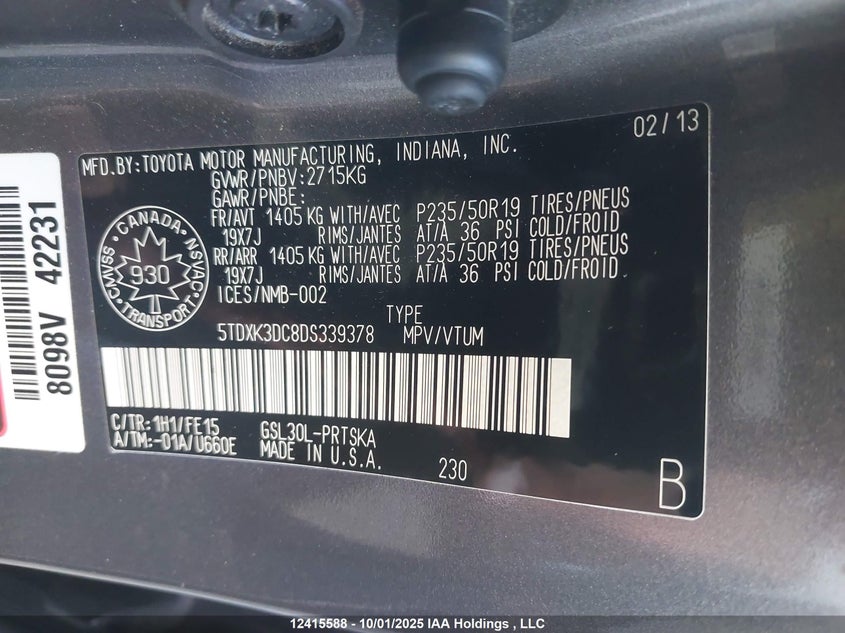 2013 Toyota Sienna Se 8 Passenger VIN: 5TDXK3DC8DS339378 Lot: 12415588