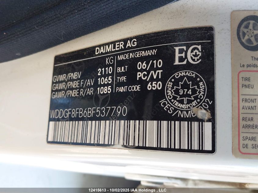2011 Mercedes-Benz C 250 4Matic VIN: WDDGF8FB6BF537790 Lot: 12415613