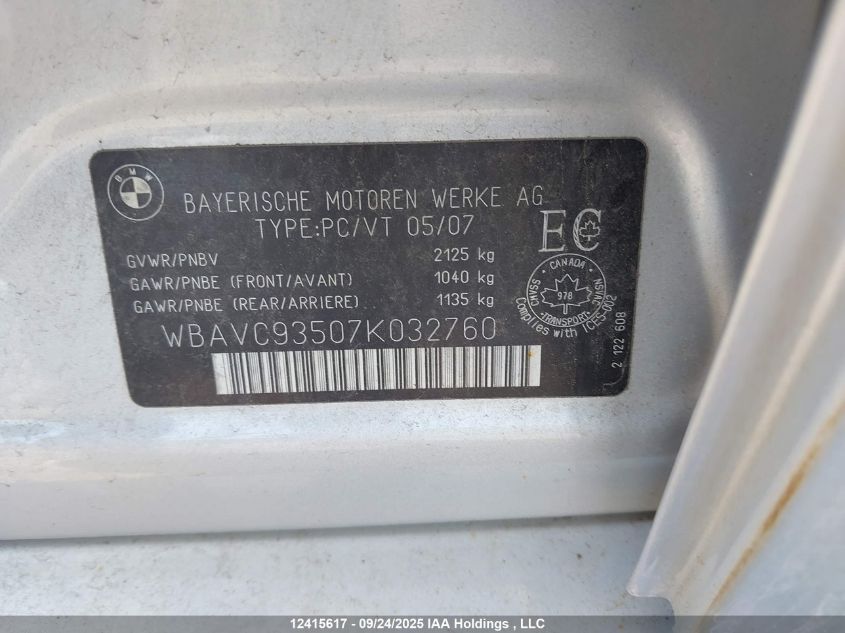 2007 BMW 328Xi VIN: WBAVC93507K032760 Lot: 12415617