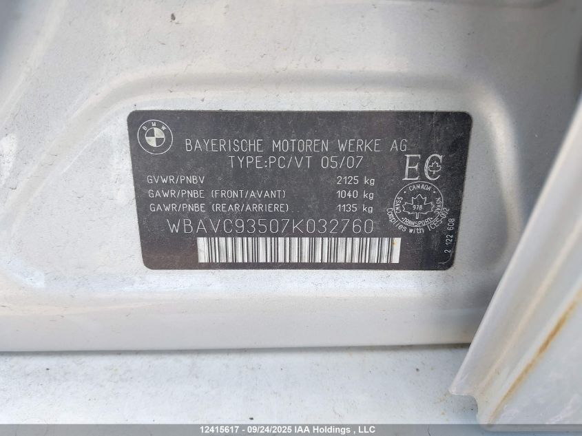 2007 BMW 328Xi VIN: WBAVC93507K032760 Lot: 12415617