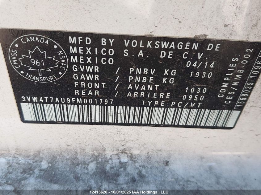 2015 Volkswagen Gti VIN: 3VW4T7AU9FM001797 Lot: 12415620