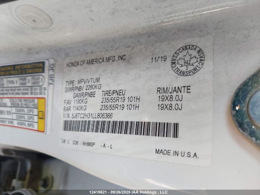 2020 Acura Rdx Tech VIN: 5J8TC2H31LL806366 Lot: 12415621