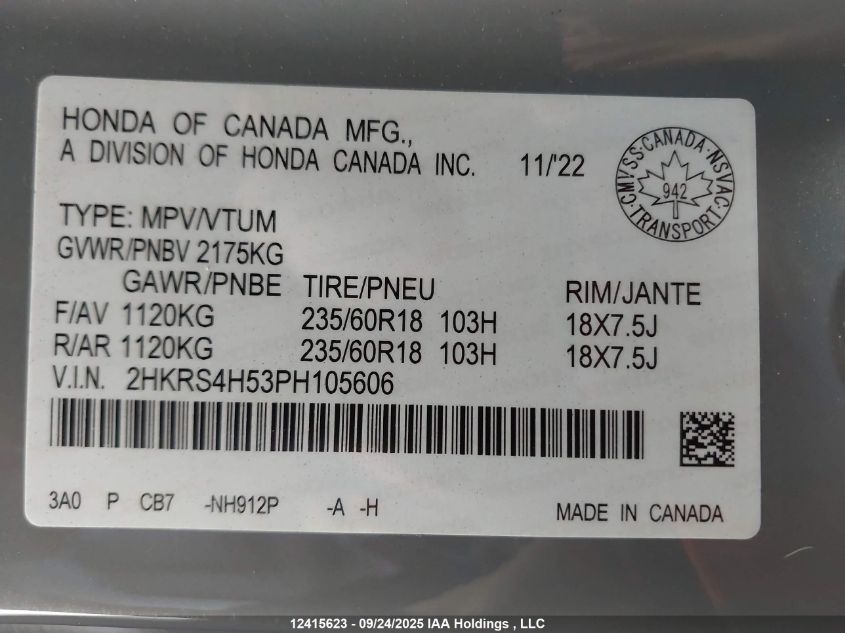 2023 Honda Cr-V VIN: 2HKRS4H53PH105606 Lot: 12415623