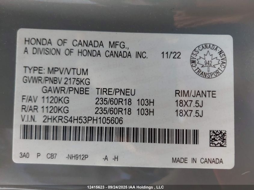 2023 Honda Cr-V VIN: 2HKRS4H53PH105606 Lot: 12415623