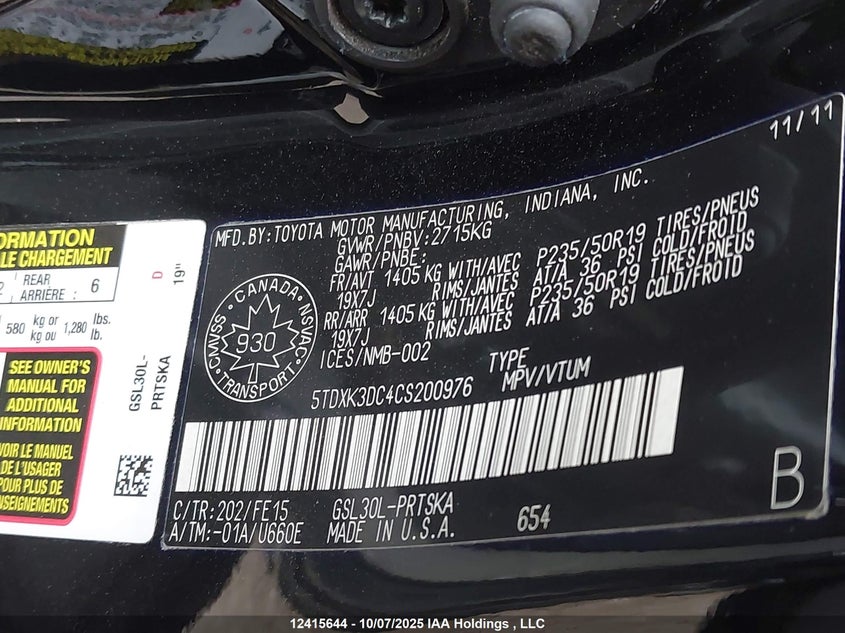 2012 Toyota Sienna 3.5 Se 8 Passenger Black Lot 111012415644 Vin 5TDXK3DC4CS200976