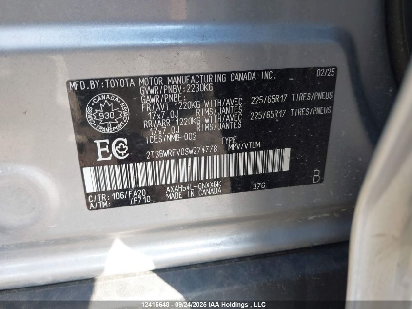 2025 Toyota Rav4 Le VIN: 2T3BWRFV0SW274778 Lot: 12415648