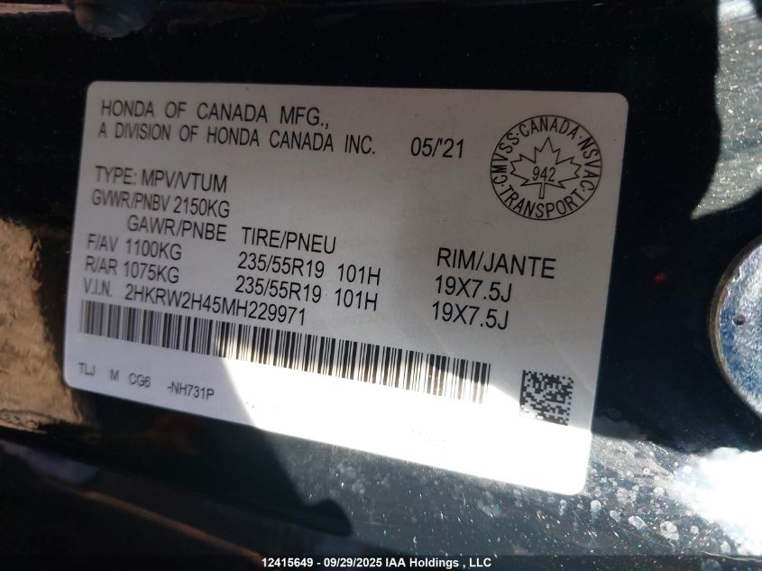 2021 Honda Cr-V Sport VIN: 2HKRW2H45MH229971 Lot: 12415649