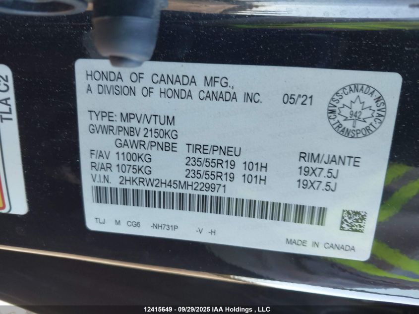 2021 Honda Cr-V Sport VIN: 2HKRW2H45MH229971 Lot: 12415649