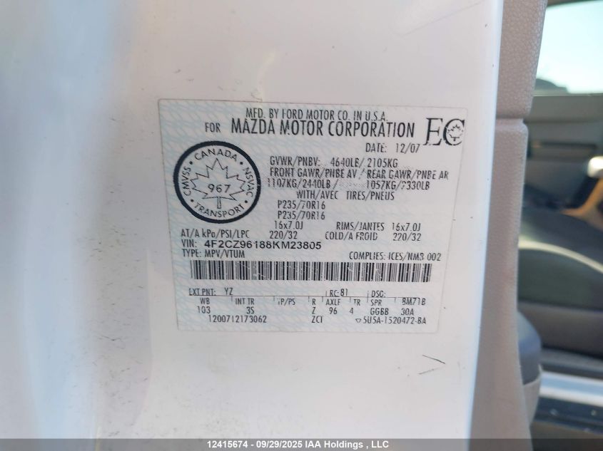 2008 Mazda Tribute Gs V6/Gt V6/Gx V6 VIN: 4F2CZ96188KM23805 Lot: 12415674