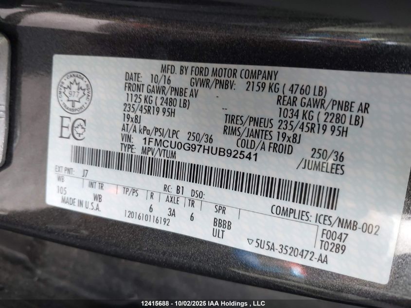 2017 Ford Escape VIN: 1FMCU0G97HUB92541 Lot: 12415688