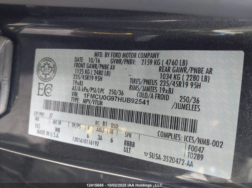 2017 Ford Escape VIN: 1FMCU0G97HUB92541 Lot: 12415688