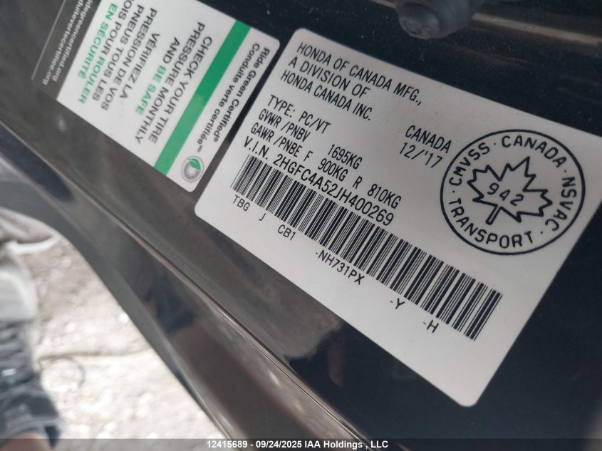 2018 Honda Civic Lx VIN: 2HGFC4A52JH400269 Lot: 12415689