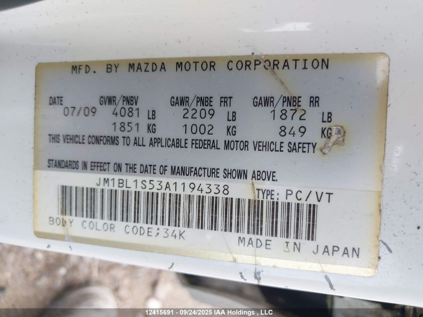 2010 Mazda Mazda3 Gt VIN: JM1BL1S53A1194338 Lot: 12415691