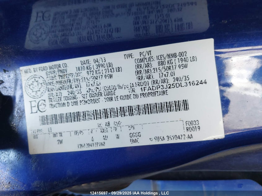 1FADP3J25DL316244 2013 FORD FOCUS photo no. 9