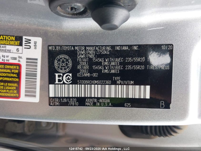 2021 Toyota Highlander Hybrid Limited VIN: 5TDDBRCH0MS022360 Lot: 12415742