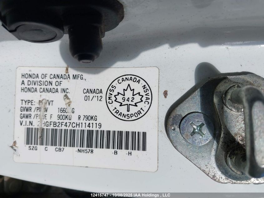 2012 Honda Civic Lx VIN: 2HGFB2F47CH114119 Lot: 12415747