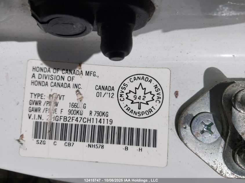 2012 Honda Civic Lx VIN: 2HGFB2F47CH114119 Lot: 12415747