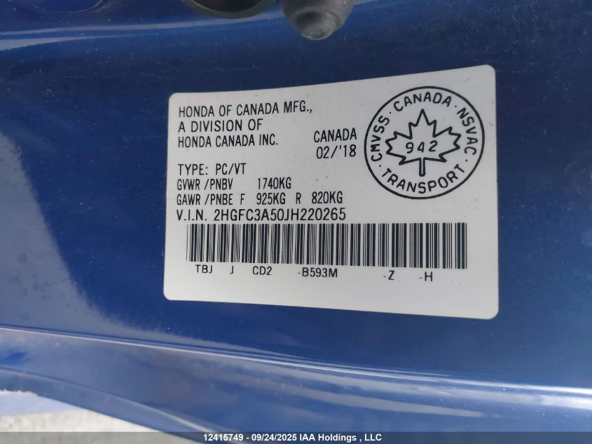 2018 Honda Civic Si Si VIN: 2HGFC3A50JH220265 Lot: 12415749