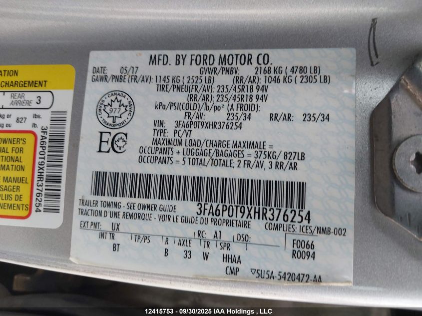 2017 Ford Fusion Se VIN: 3FA6P0T9XHR376254 Lot: 12415753