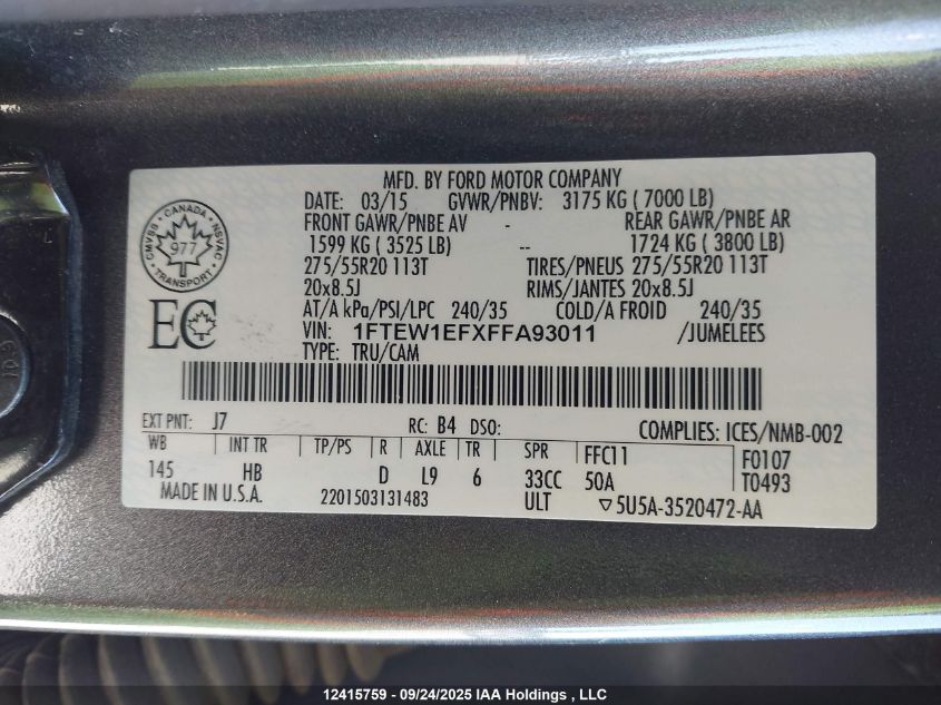 2015 Ford F150 Supercrew VIN: 1FTEW1EFXFFA93011 Lot: 12415759