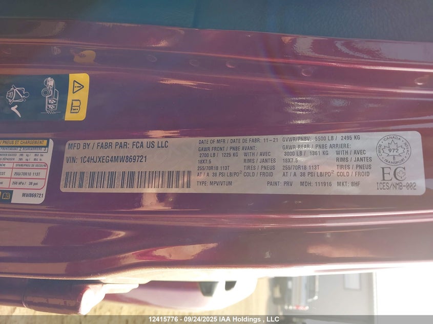 2021 Jeep Wrangler Unlimited Sahara VIN: 1C4HJXEG4MW869721 Lot: 12415776