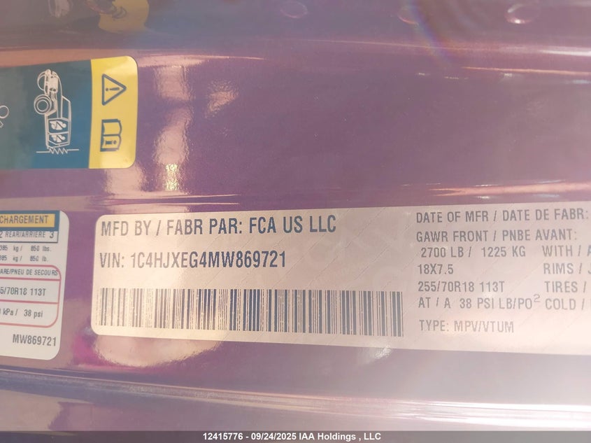 2021 Jeep Wrangler Unlimited Sahara VIN: 1C4HJXEG4MW869721 Lot: 12415776