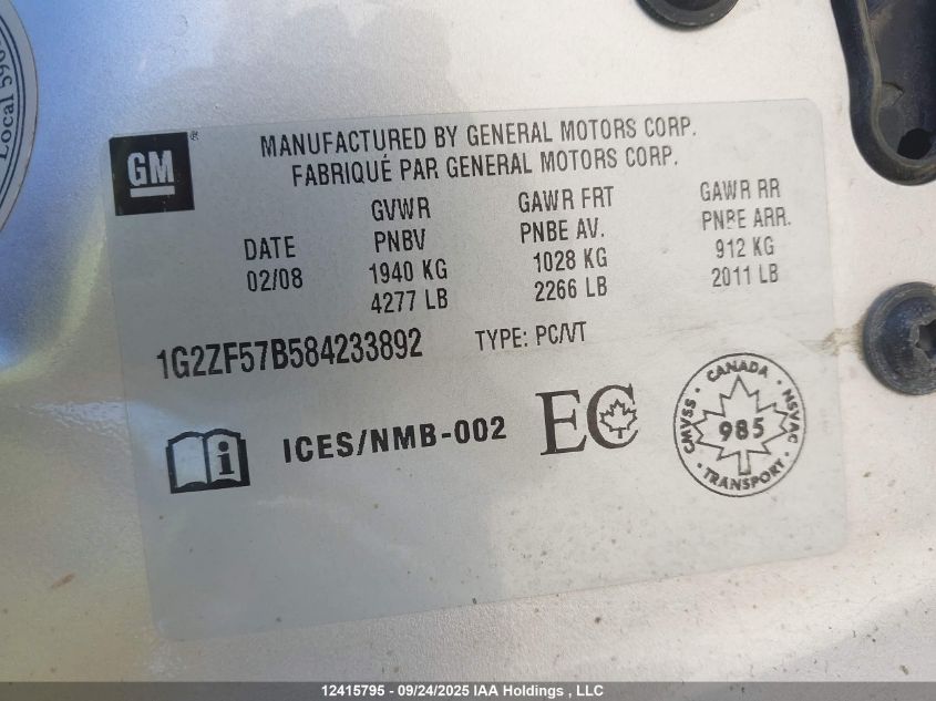 2008 Pontiac G6 Value Leader/Base VIN: 1G2ZF57B584233892 Lot: 12415795