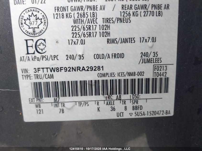 2022 Ford Maverick Xlt VIN: 3FTTW8F92NRA29281 Lot: 12415810